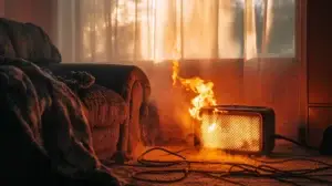 Heater on fire near chair
