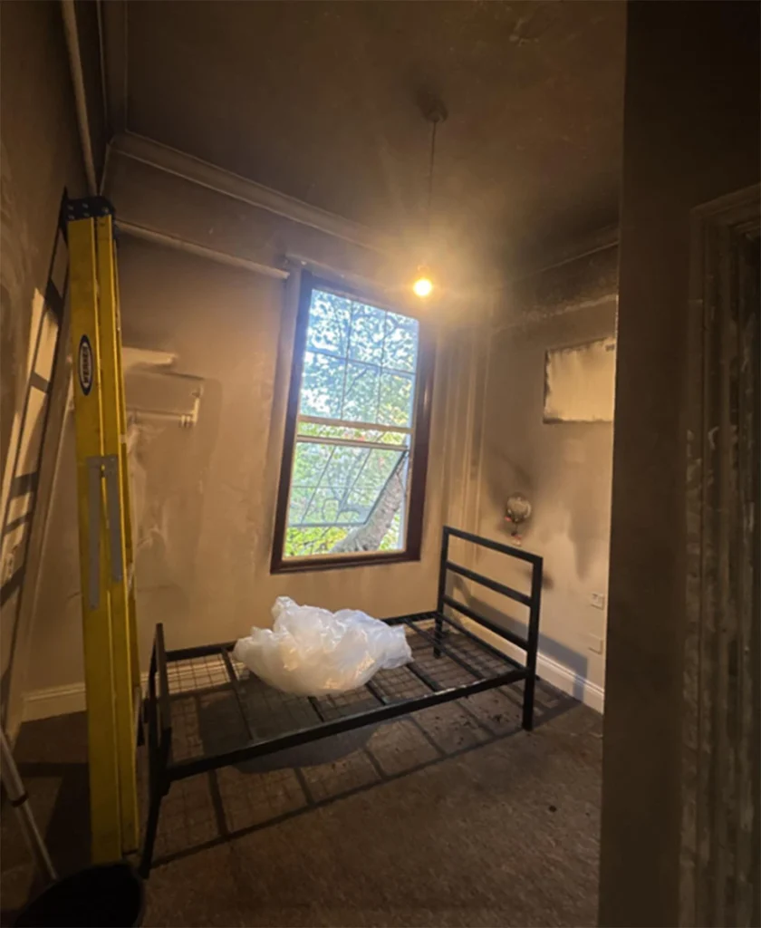 London hotel with fire damage.
