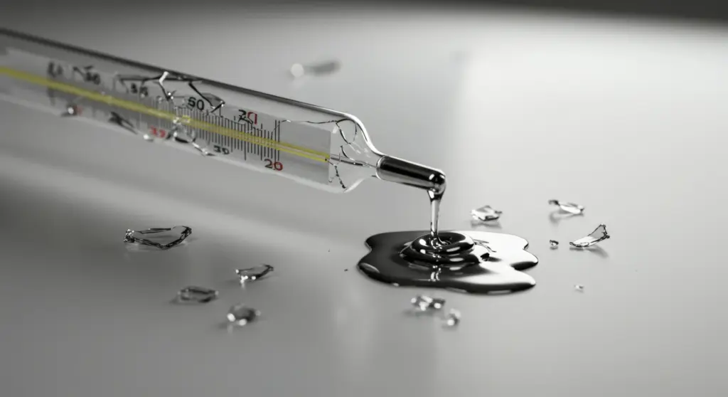 Broken thermometer with mercury spill