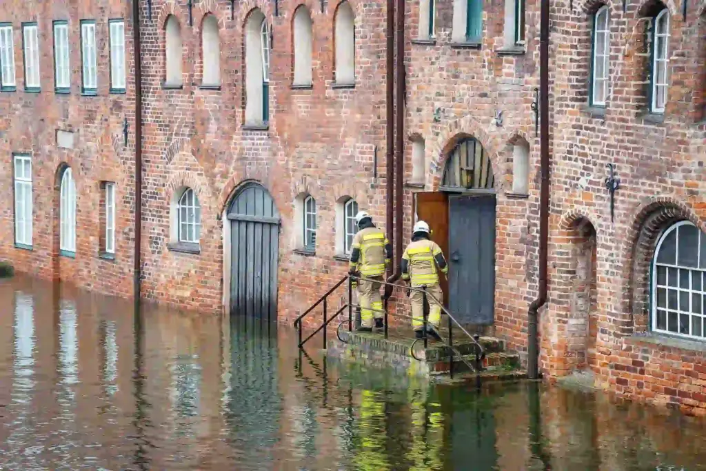 Historic red brick property during flood.
