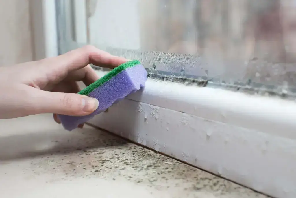Wiping mould from window frame.
