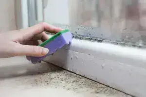 Wiping mould from window frame.