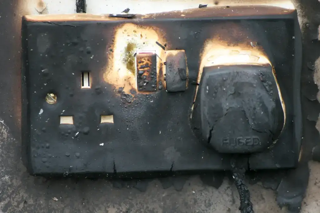 Blackened UK electrical socket following a fire