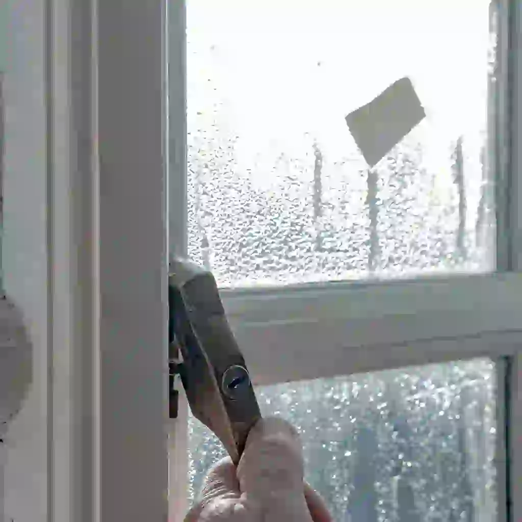 Window with condensation being opened.