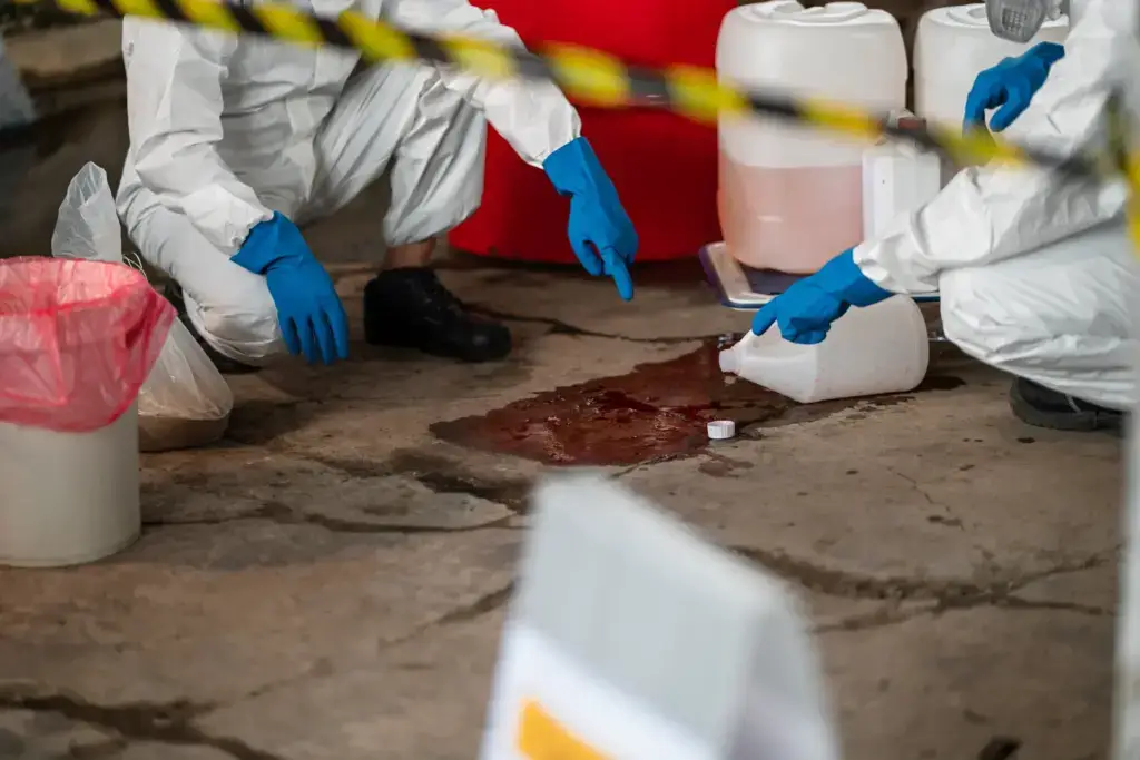 Two technicians, wearing PPE recover a chemical spill