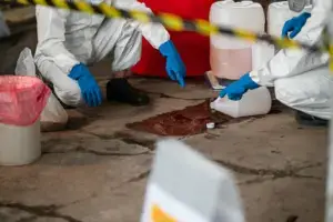 Two technicians, wearing PPE recover a chemical spill