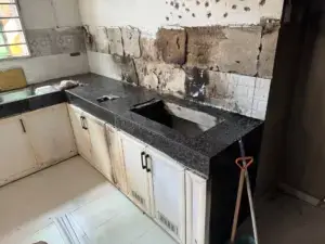 Burn marks from a fire in a kitchen